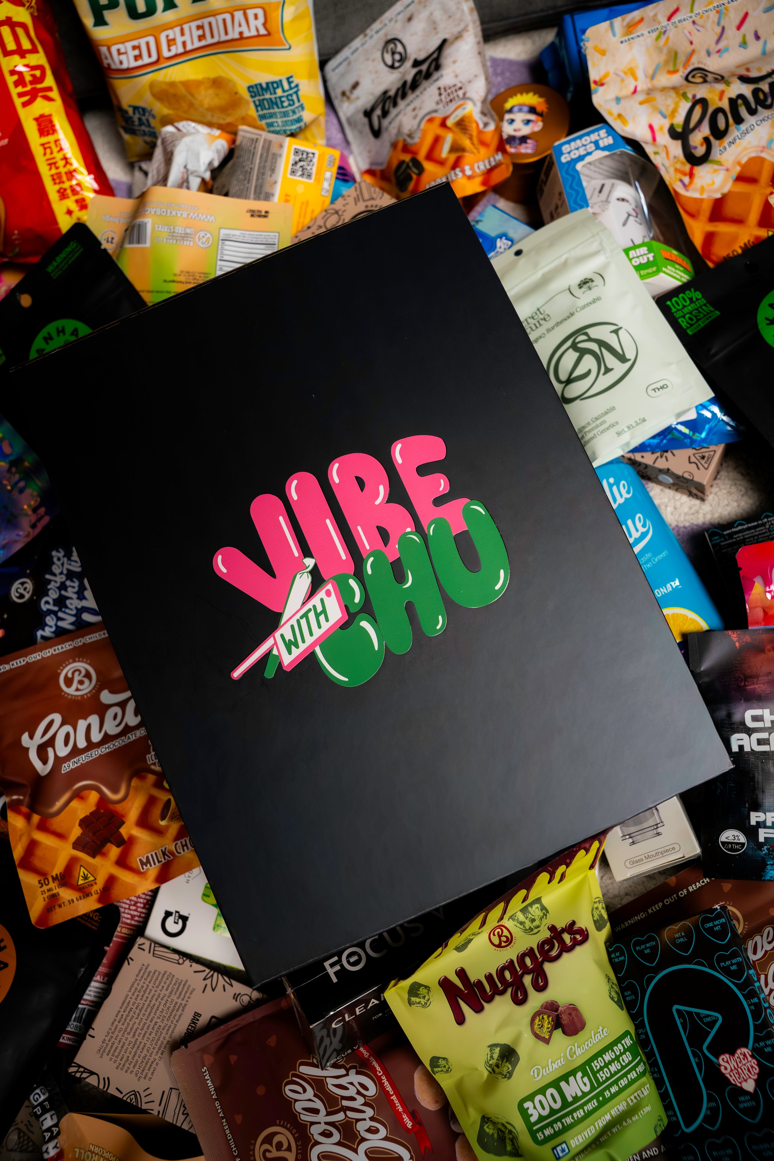 Puff Puff Pack subscription box featuring hemp derived products smoking accessories exotic snacks and top brands like Hemper King Palm Royal Blunts Goody Glass Sluggers and Distro California creating the ultimate cannabis culture vibe